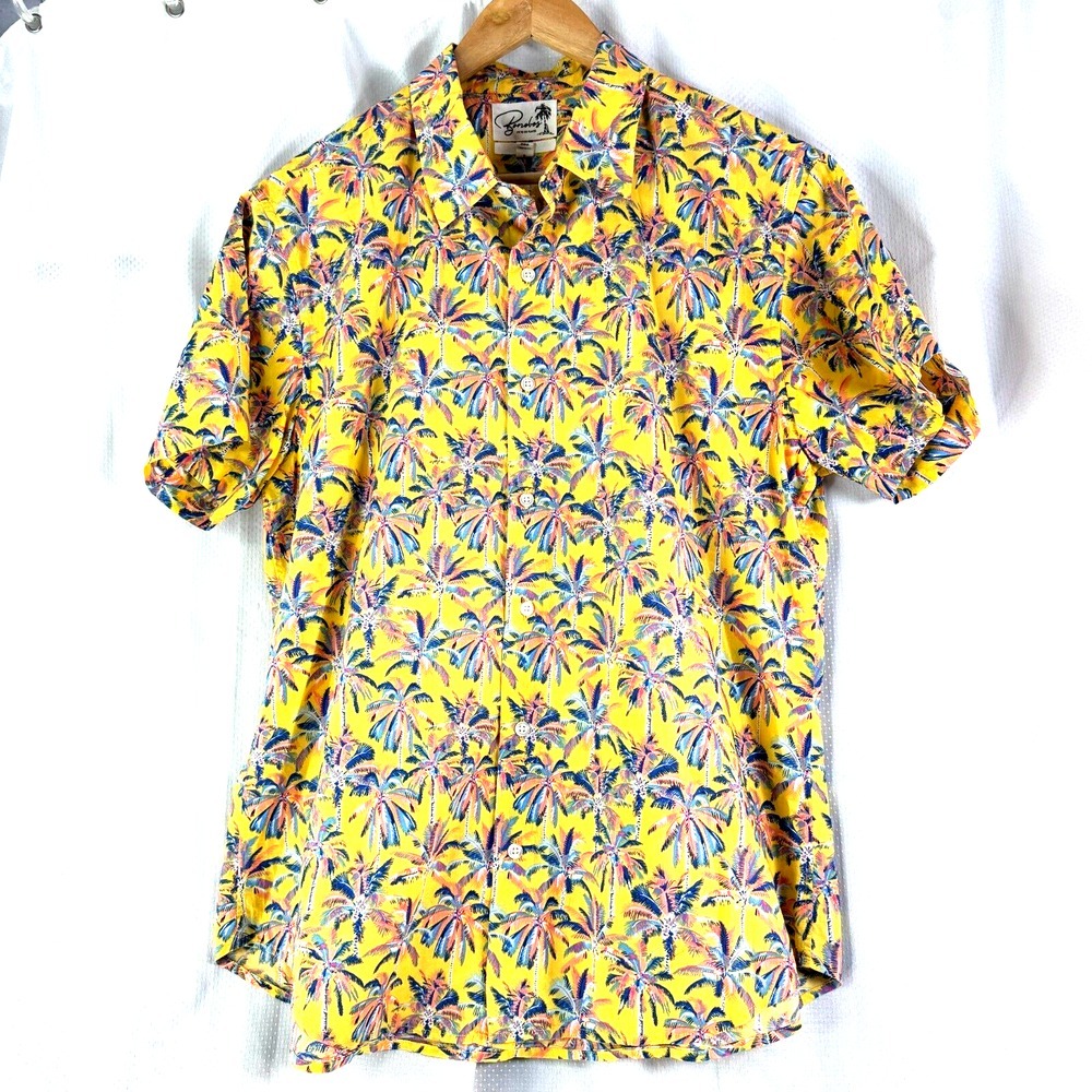 Bonabos Mens Palm Tree Yellow Polo Hawaii Shirt Slim Fit Sz L Large